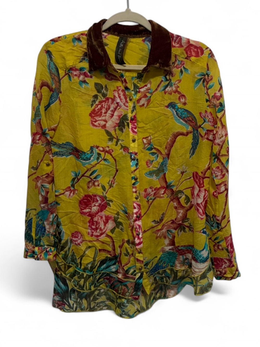Aratta Silent Journey Floral & Bird Print Button-Down Shirt with Velvet Collar